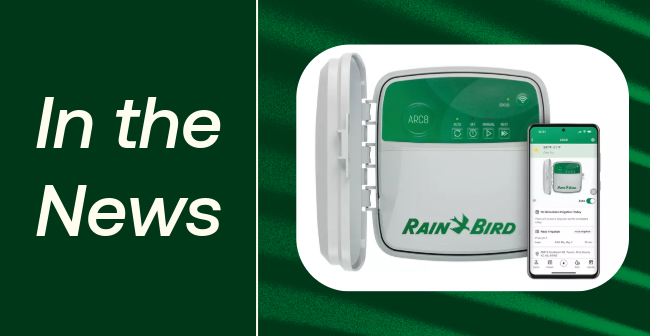 Image showing Rain Bird's ARC8 Smart Irrigation Controller on the right with a green background, with the caption "In the News" on the left side.